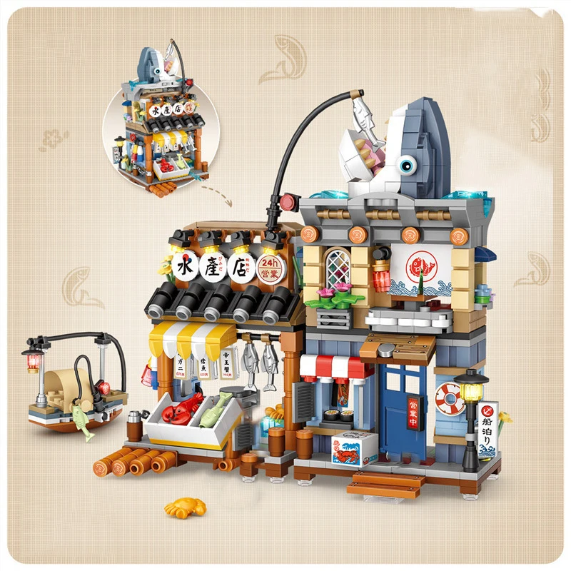 Street View Series Building blocks Izakaya Shaved Ice Shop Takoyaki Shop Coffee shop Panda Tea House model children's gift