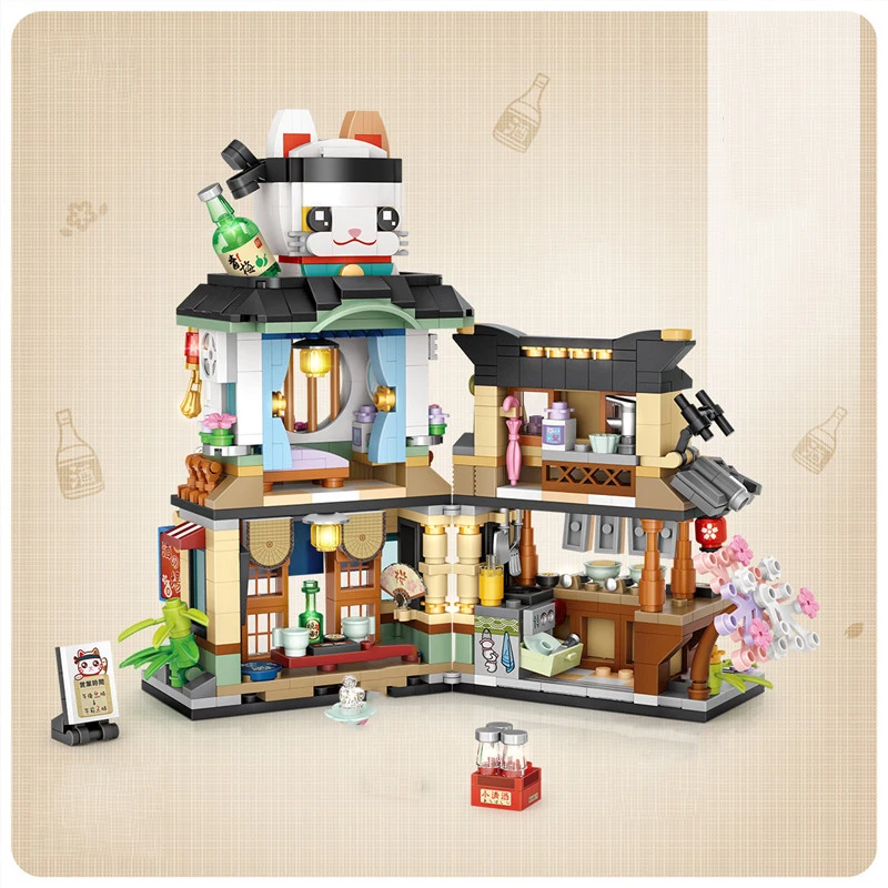 Street View Series Building blocks Izakaya Shaved Ice Shop Takoyaki Shop Coffee shop Panda Tea House model children's gift