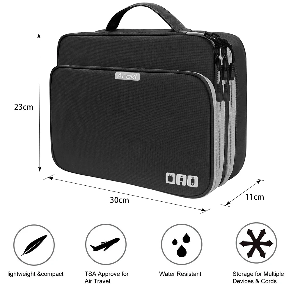 Multi Layer Electronic Accessories Organizer, Storage Handbag with Front Pocket Travel Cable Organizer Large Capacity for iPad