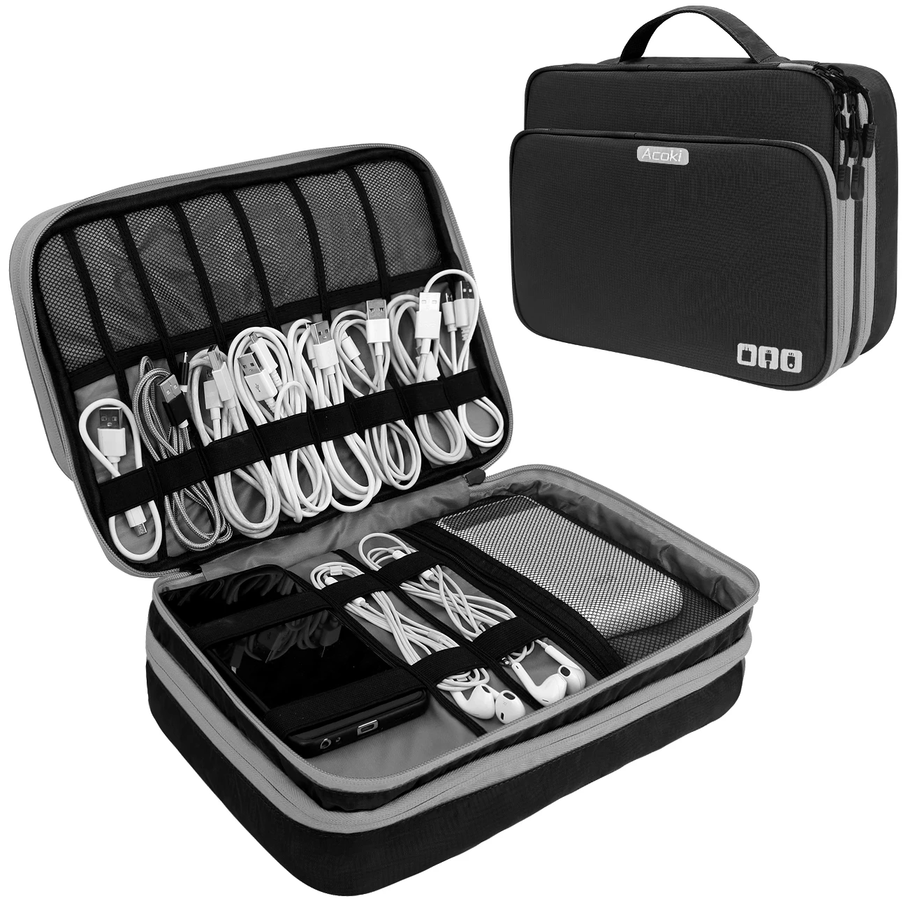 Multi Layer Electronic Accessories Organizer, Storage Handbag with Front Pocket Travel Cable Organizer Large Capacity for iPad