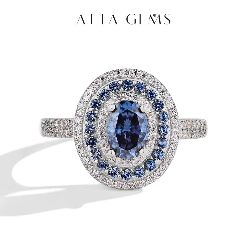 ATTAGEMS Blue Moissanite Women Rings Oval Cut 1.0CT Real S925 Sterling Silver Jewelry For Wedding Engagement Ring With Certified