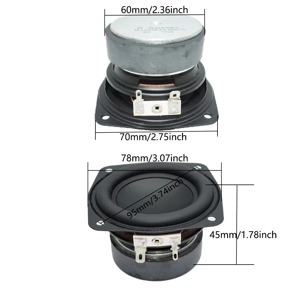 AUIN 1 pcs 3 Inch 78MM Subwoofer Speaker 4 Ohm 15W Supper Bass Audio Square Woofer DIY Home Theater Sound Bookshelf Loudspeaker