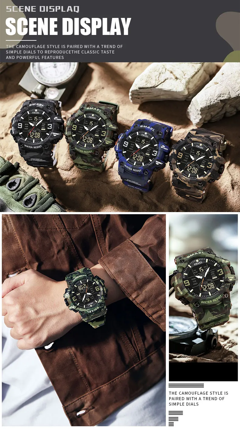 Military Watches Men Sport Watch Waterproof Alarm Clock Dual Time Wristwatches Digital 8049B Army Watches Military