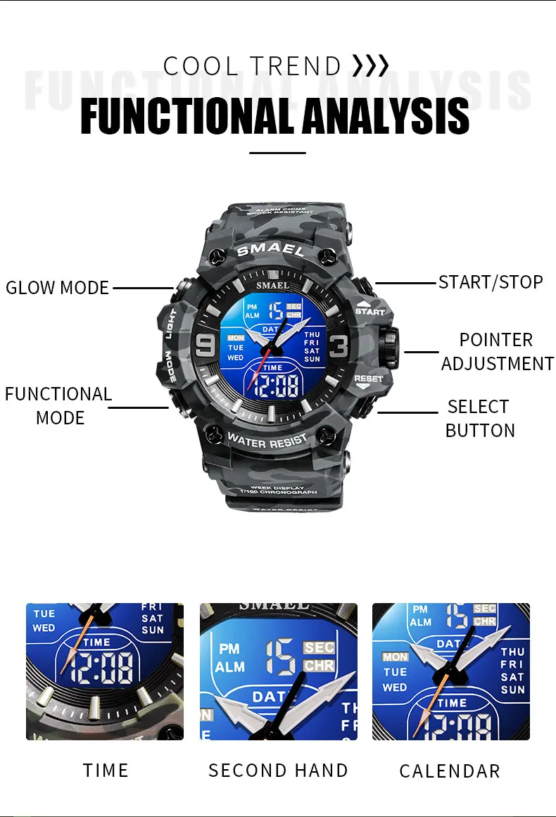 Military Watches Men Sport Watch Waterproof Alarm Clock Dual Time Wristwatches Digital 8049B Army Watches Military