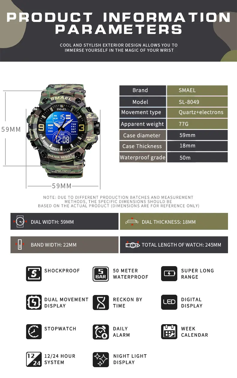 Military Watches Men Sport Watch Waterproof Alarm Clock Dual Time Wristwatches Digital 8049B Army Watches Military