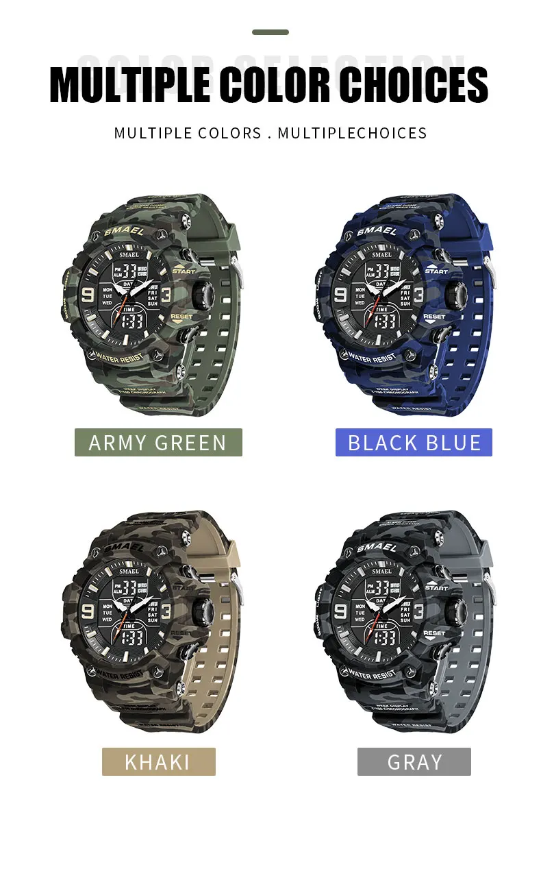 Military Watches Men Sport Watch Waterproof Alarm Clock Dual Time Wristwatches Digital 8049B Army Watches Military