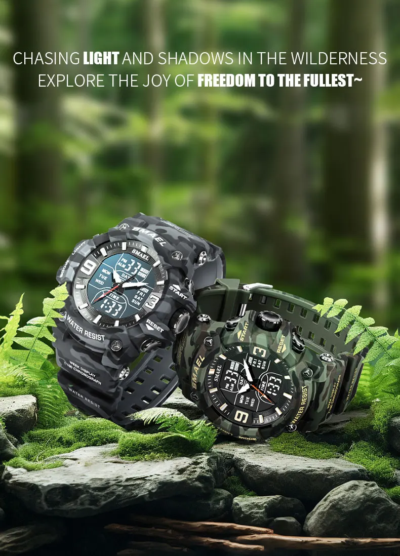 Military Watches Men Sport Watch Waterproof Alarm Clock Dual Time Wristwatches Digital 8049B Army Watches Military