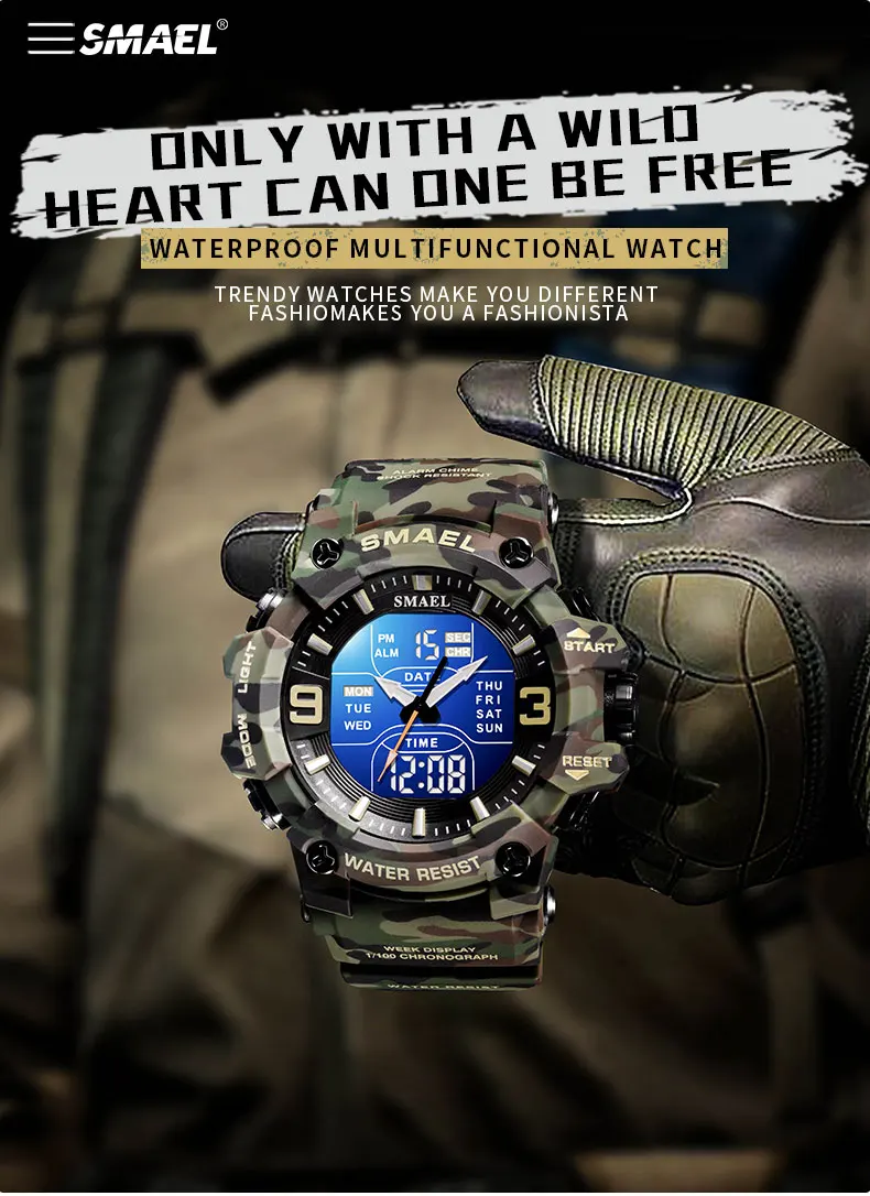 Military Watches Men Sport Watch Waterproof Alarm Clock Dual Time Wristwatches Digital 8049B Army Watches Military