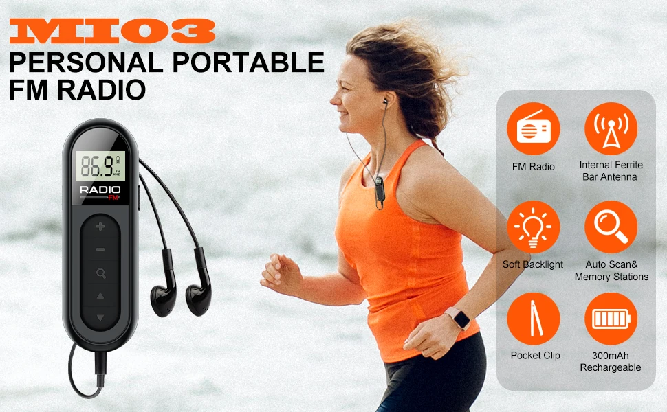 FM Portable Radio, Rechargeable Pocket Radio with Best Reception Digital Tuning, LCD Screen,Belt Clip, Stereo Sound Earphone Jac