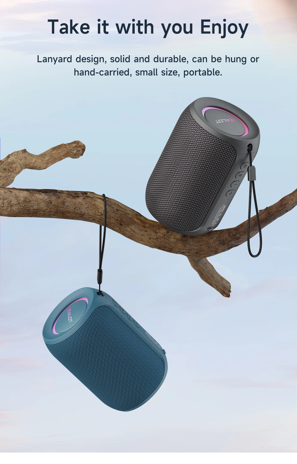 ZEALOT-S32PRO 15W Portable Bluetooth 5.2 Speaker Outdoor Waterproof Wireless TWS Mini Column Box Speaker Outdoor TF Card