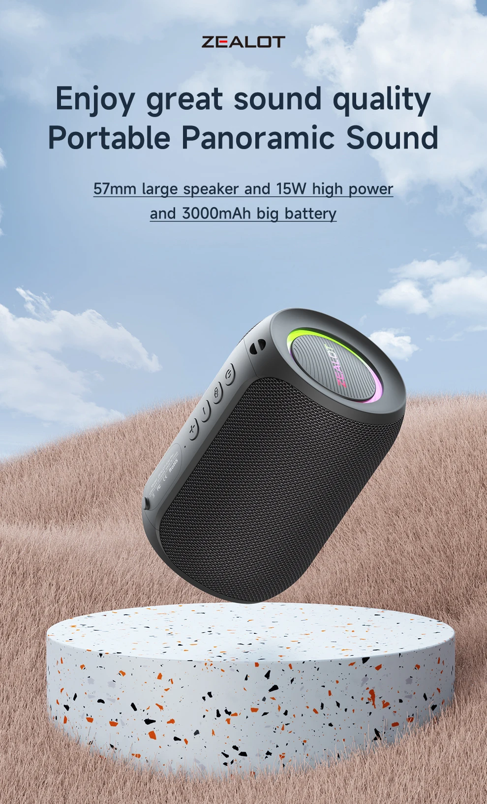 ZEALOT-S32PRO 15W Portable Bluetooth 5.2 Speaker Outdoor Waterproof Wireless TWS Mini Column Box Speaker Outdoor TF Card