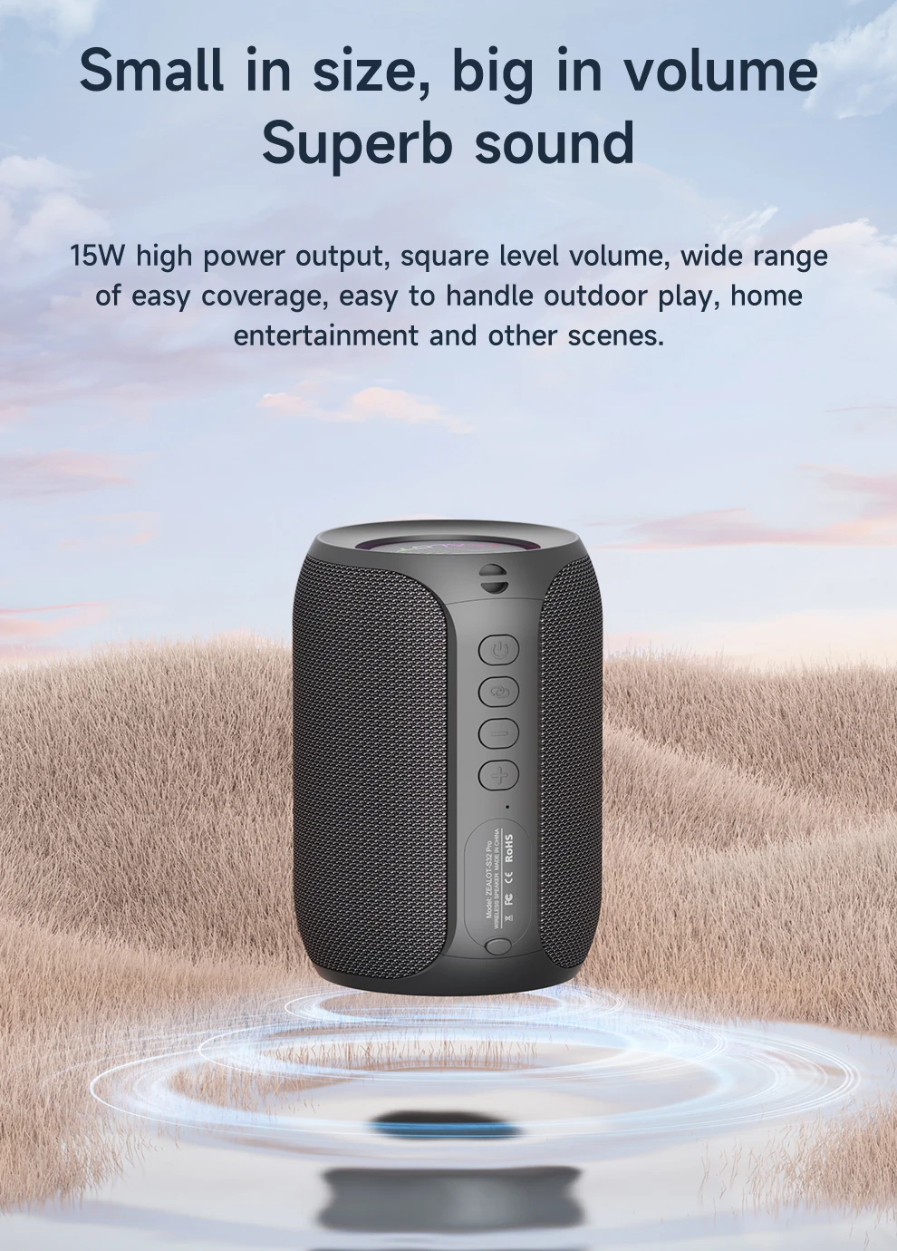 ZEALOT-S32PRO 15W Portable Bluetooth 5.2 Speaker Outdoor Waterproof Wireless TWS Mini Column Box Speaker Outdoor TF Card