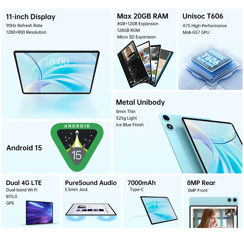 Teclast P50 Tablet 11" 90Hz Max.20GB RAM 128GB ROM Unisoc T606 Octa Cores 7000mAh Battery Android 15 Tablets LTE(4G)