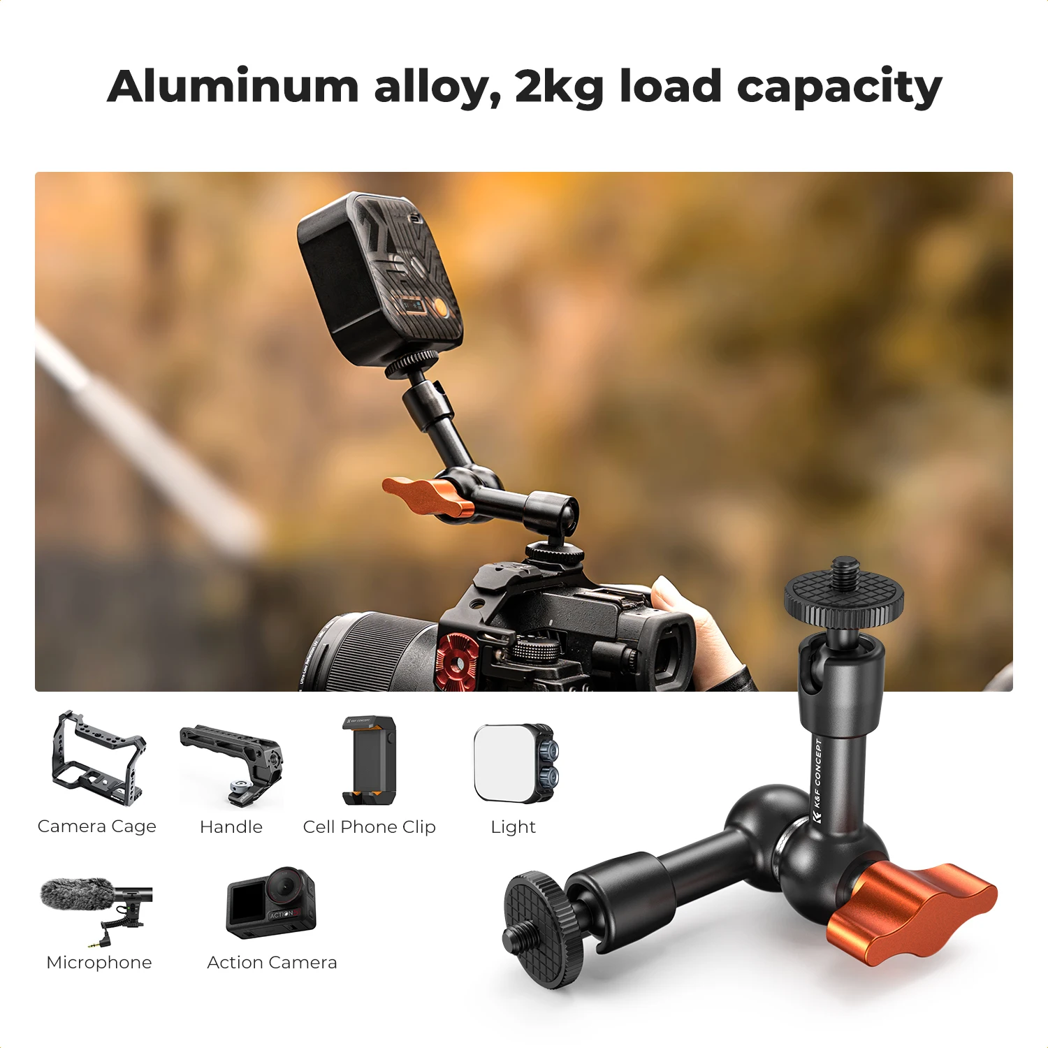 K&F CONCEPT Magic Arm Super Clamp Kit with 1/4" & 3/8" Thread Screw Articulating Friction Arm Cold Shoe Clamp Mount for Monitor