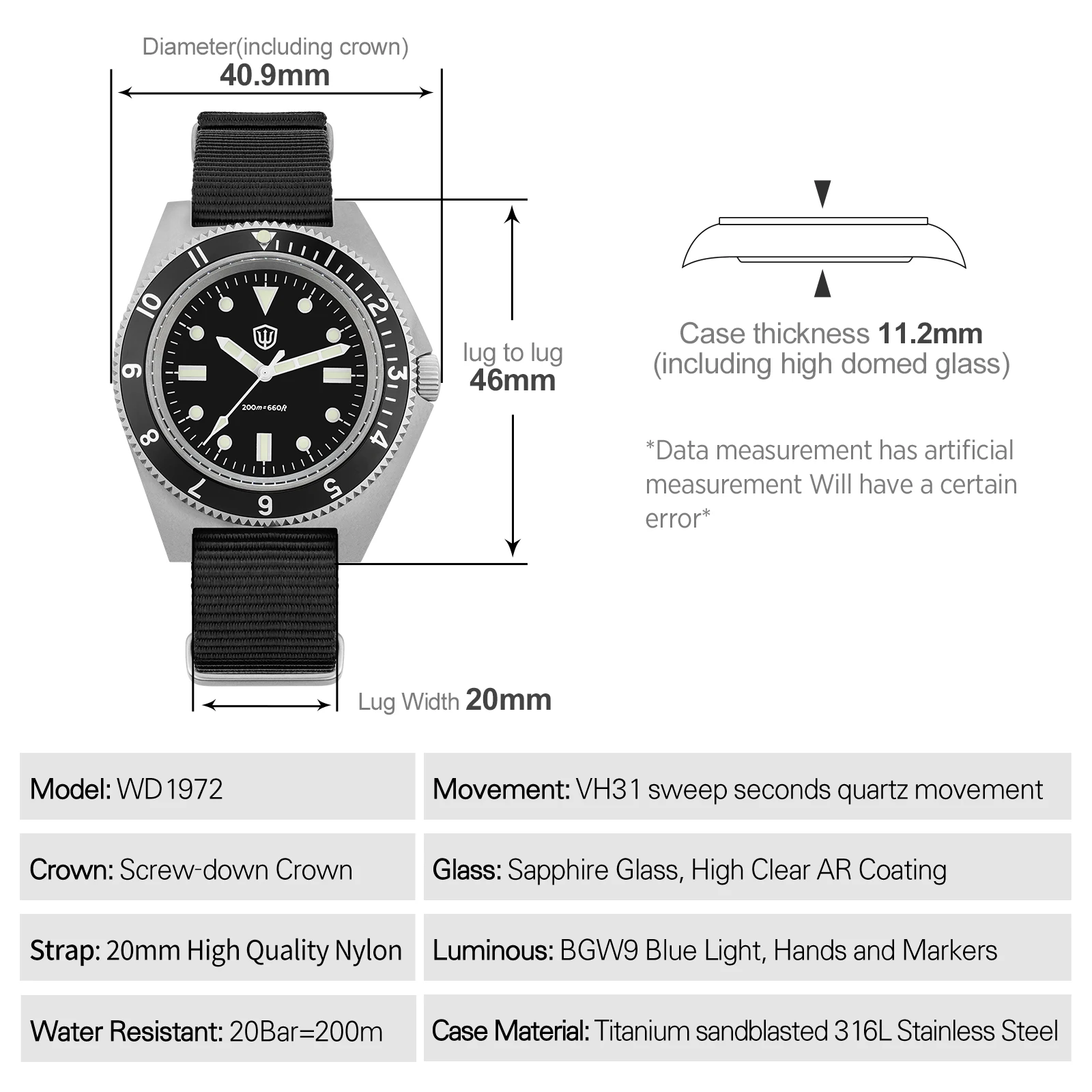 Watchdives WD1972 Quartz Watch VH31 Sweep Seconds Movement Sapphire Crystal BGW9 Luminous 20Bar Waterproof Wristwatch