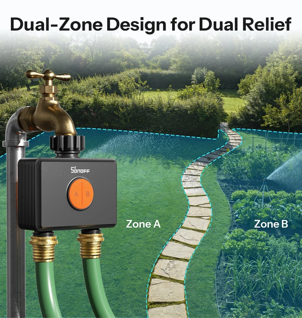 SONOFF Garden Watering Timers 2 Outlet Sprinkler Hydro DUO Dual-Channel Zigbee Smart Water Valve With Flow Meter SWV-ZF2E