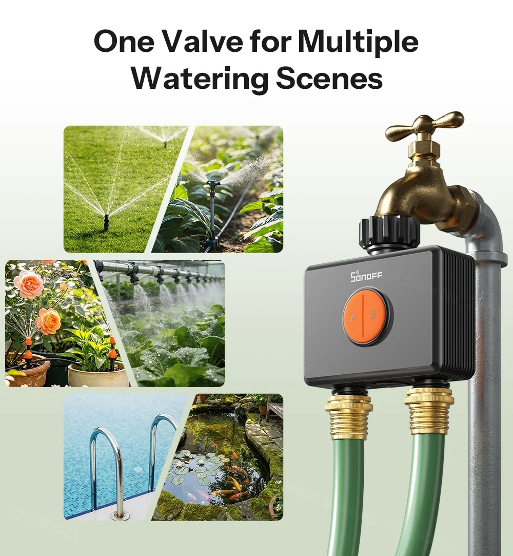 SONOFF Garden Watering Timers 2 Outlet Sprinkler Hydro DUO Dual-Channel Zigbee Smart Water Valve With Flow Meter SWV-ZF2E