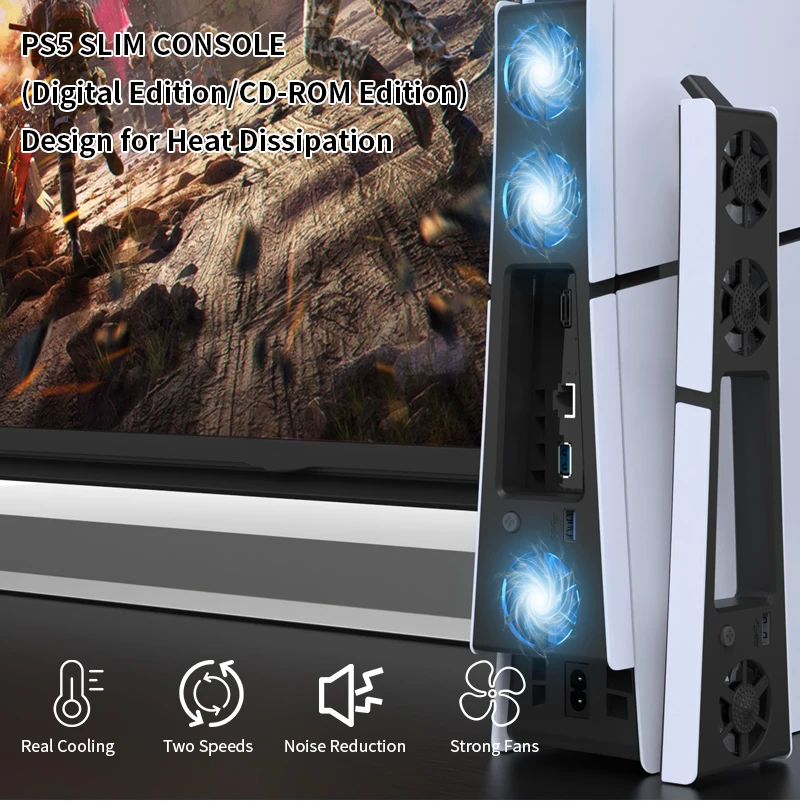 Gaming Cooler Fan Efficient Cooling System with LED Light Noise Reduction for PS5 Slim Cooling Fan Disc and Digital Console
