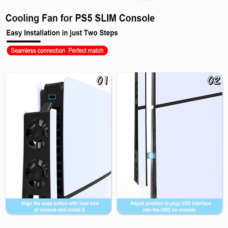 Gaming Cooler Fan Efficient Cooling System with LED Light Noise Reduction for PS5 Slim Cooling Fan Disc and Digital Console