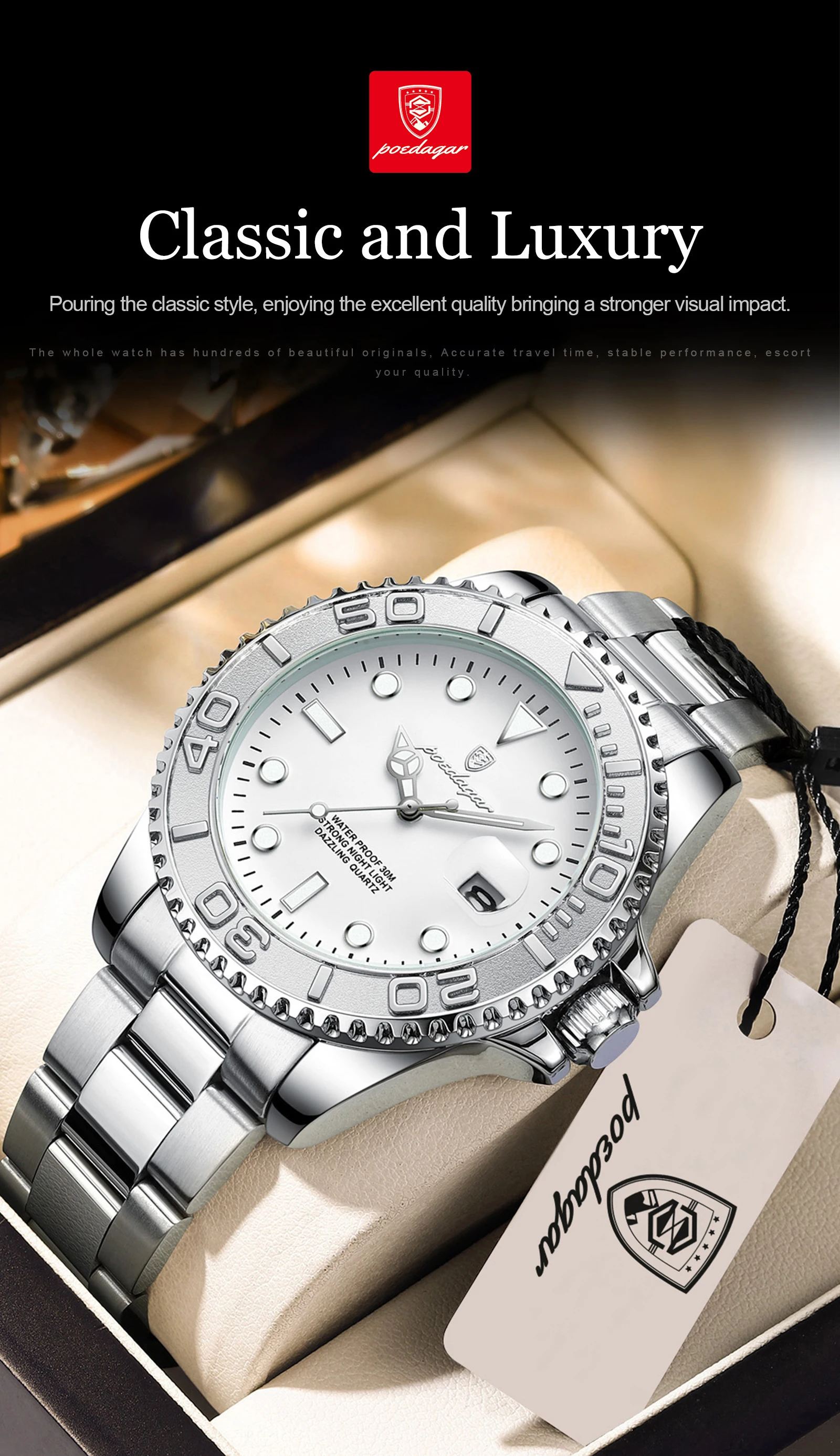 POEDAGAR Casual Fashion Man Wristwatch Waterproof Luminous Date Exquisite Men Watch Stainless Steel Classic Men's Quartz Watches