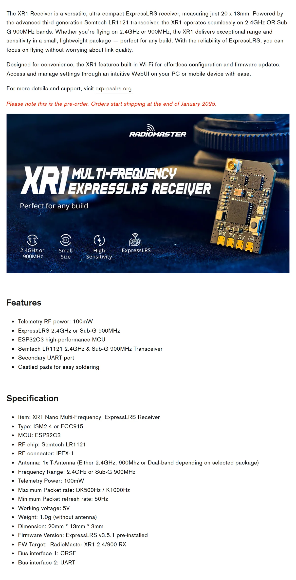 Radiomaster XR1 2.4GHz Sub-G 900MHz Dual-band Semtech LR1121 Transceiver Nano Multi-Frequency ExpressLRS Receiver