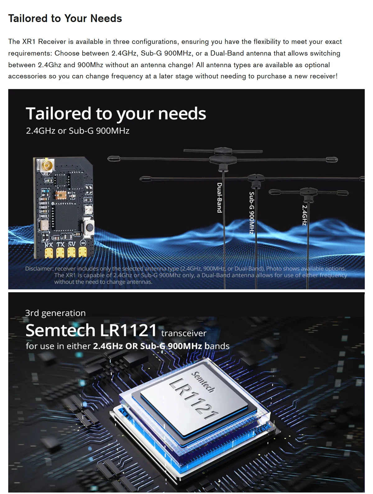Radiomaster XR1 2.4GHz Sub-G 900MHz Dual-band Semtech LR1121 Transceiver Nano Multi-Frequency ExpressLRS Receiver