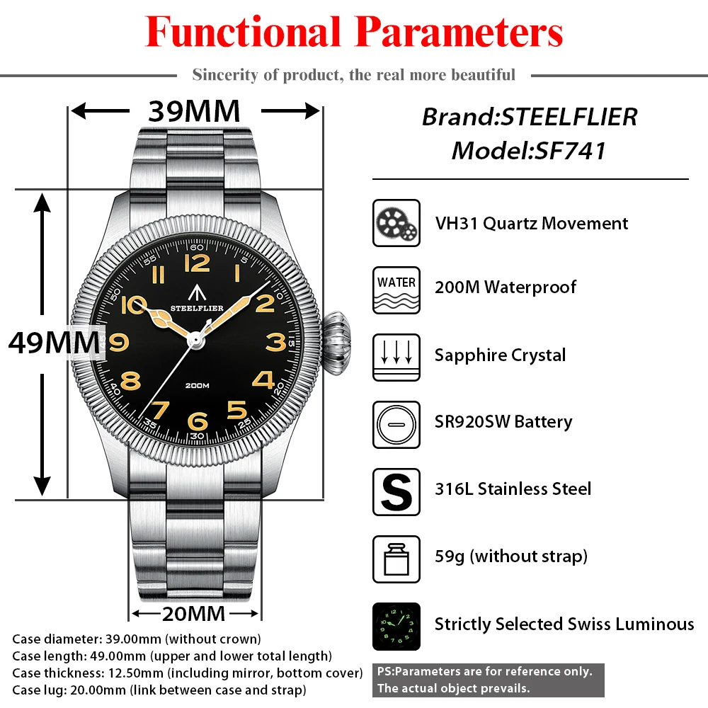 STEELFLIER Official SF741 Classic Quartz Wristwatches Souvenirs Sapphire Mirror VH31 Mute 200M Waterproof Luxury Luminous Watch