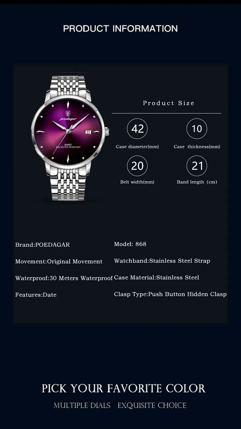 POEDAGAR Luxury Sports Men Watch Waterproof Luminous Stainless Steel Date Wristwatch For Man Quartz Clock Business Men's Watches