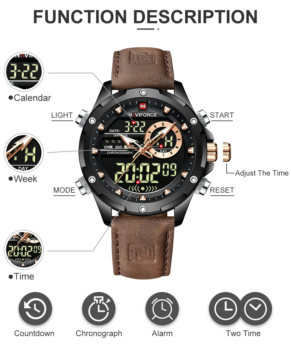 NAVIFORCE Digital Men Military Watch Waterproof Wristwatch LED Quartz Clock Sport Watch Male Big Watches Men Relogios Masculino