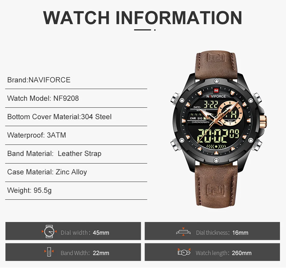 NAVIFORCE Digital Men Military Watch Waterproof Wristwatch LED Quartz Clock Sport Watch Male Big Watches Men Relogios Masculino