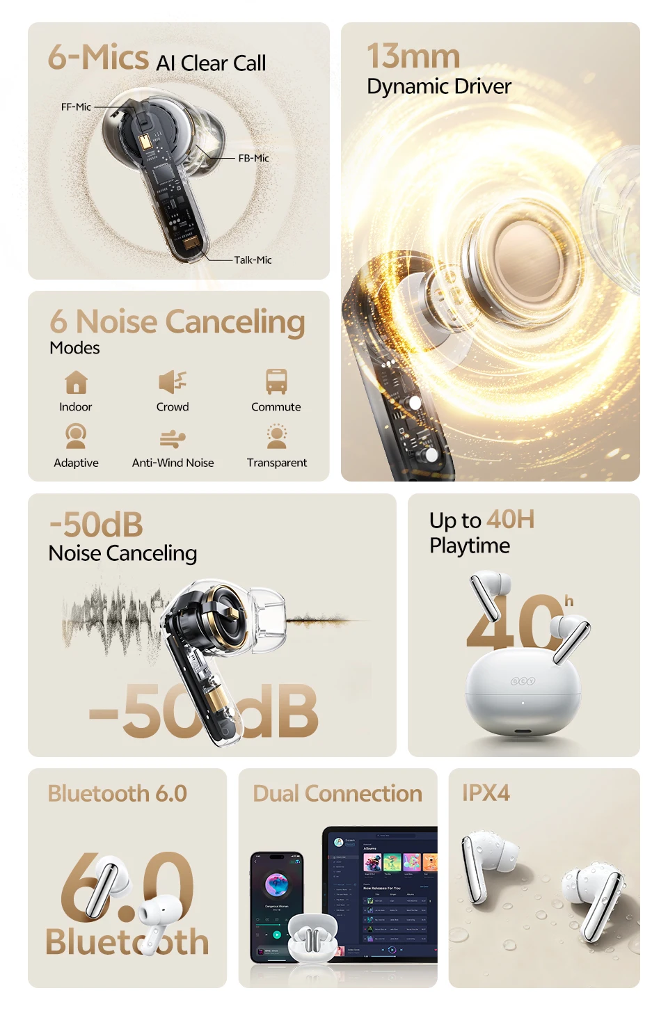 QCY MeloBuds N20 Wireless Earphones HT20 Bluetooth 6.0 Adaptive Hybrid ANC Headphone 6 Mics HD Call TWS Earbud 68ms Low Latency