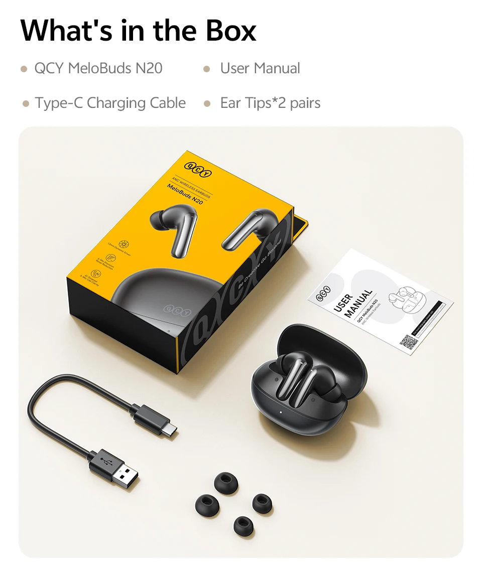 QCY MeloBuds N20 Wireless Earphones HT20 Bluetooth 6.0 Adaptive Hybrid ANC Headphone 6 Mics HD Call TWS Earbud 68ms Low Latency