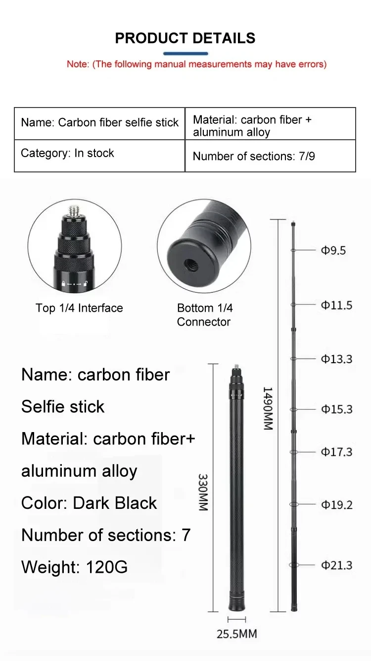 3M Carbon Fiber Scalable Monopod Extended Edition Invisible Selfie Stick For Insta360 X3 X2 For Go Pro 9 10 11 12 Stick Tripod