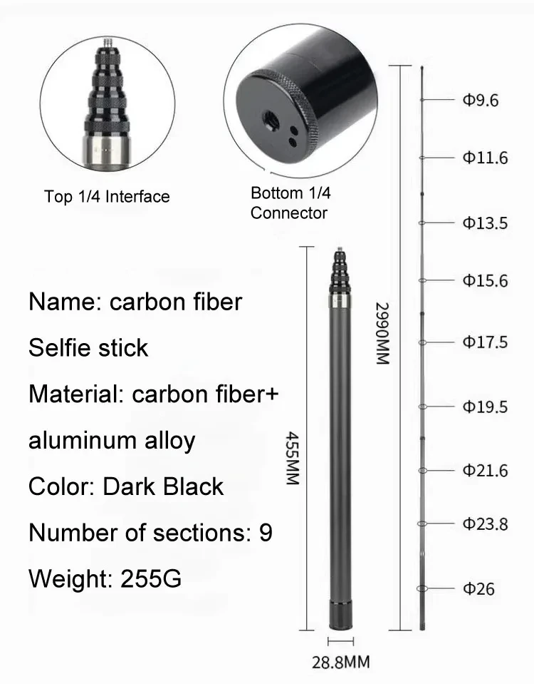 3M Carbon Fiber Scalable Monopod Extended Edition Invisible Selfie Stick For Insta360 X3 X2 For Go Pro 9 10 11 12 Stick Tripod