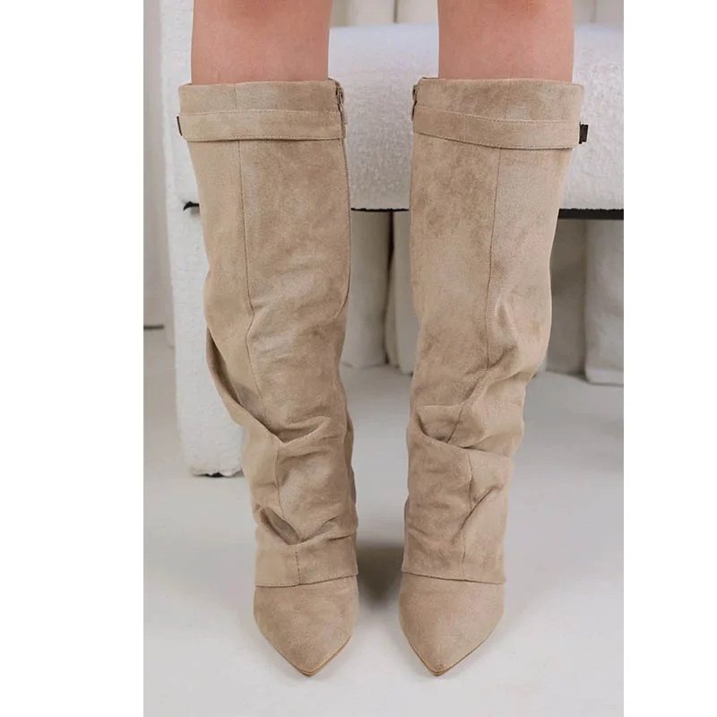 2025 New Style Metal Buckle Women's Knee High Boots Pointed Toe Crude Heel Solid Color Female Long Boots Quality Ladies Shoes