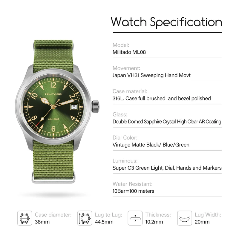 Militado ML08 Vintage Quartz Watch Ronda 515 Movement Ar Sapphire Mirror 38Mm Wrist Watch Date Super Luminous Waterproof Watches
