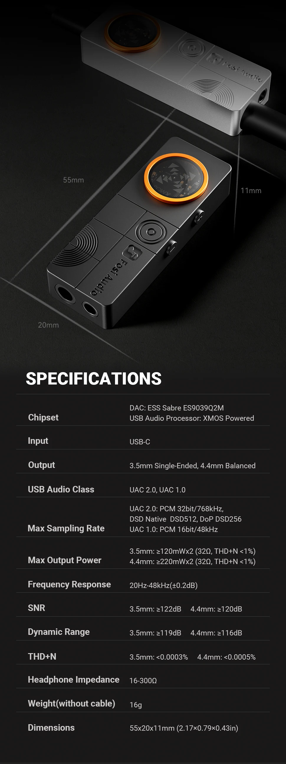 Fosi Audio DS3 DAC Amp Portable HIFI Headphone Amplifier XMOS XU316 DSD512 Dongle DAC 4.4mm Balanced/3.5mm Jack