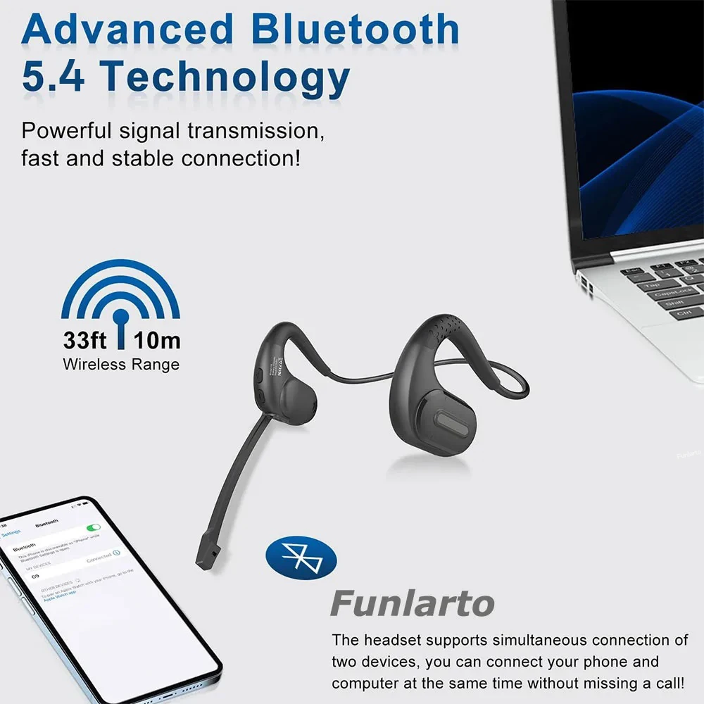 Bluetooth Headset with Detachable Microphone Multi-Point Wireless Headset Open Ear Headphones w/DSP Noise Canceling Mic for Call