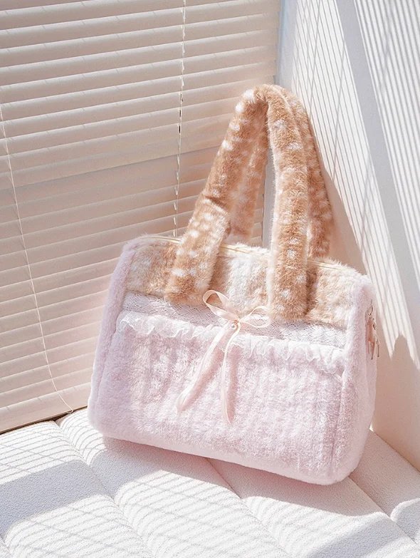 Sweet Cute Plush Bow Tote Bag Women Ballet Style Lace Color Block Large Capacity Shoulder Bags Ladies Harajuku Versatile Handbag