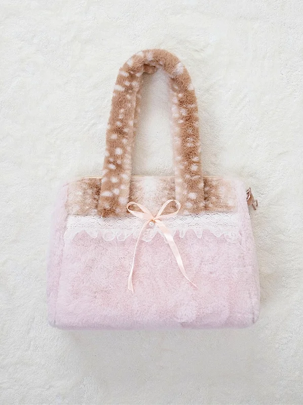 Sweet Cute Plush Bow Tote Bag Women Ballet Style Lace Color Block Large Capacity Shoulder Bags Ladies Harajuku Versatile Handbag