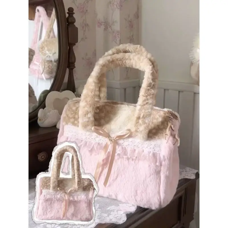 Sweet Cute Plush Bow Tote Bag Women Ballet Style Lace Color Block Large Capacity Shoulder Bags Ladies Harajuku Versatile Handbag