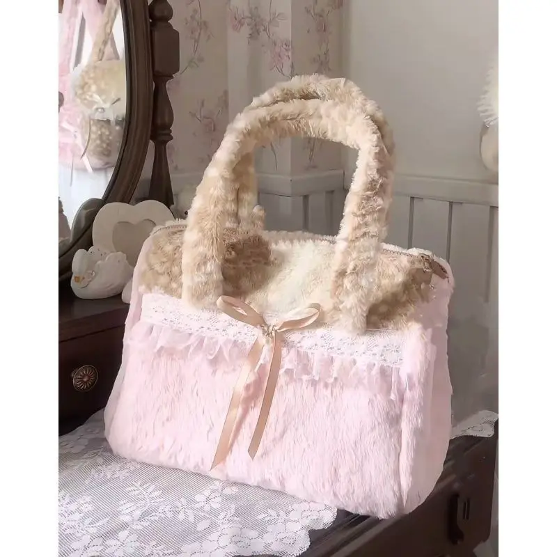 Sweet Cute Plush Bow Tote Bag Women Ballet Style Lace Color Block Large Capacity Shoulder Bags Ladies Harajuku Versatile Handbag