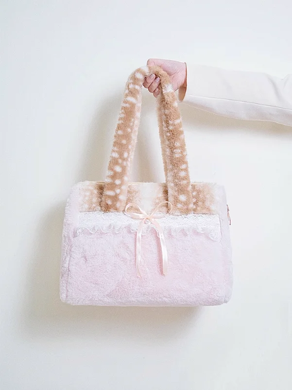 Sweet Cute Plush Bow Tote Bag Women Ballet Style Lace Color Block Large Capacity Shoulder Bags Ladies Harajuku Versatile Handbag