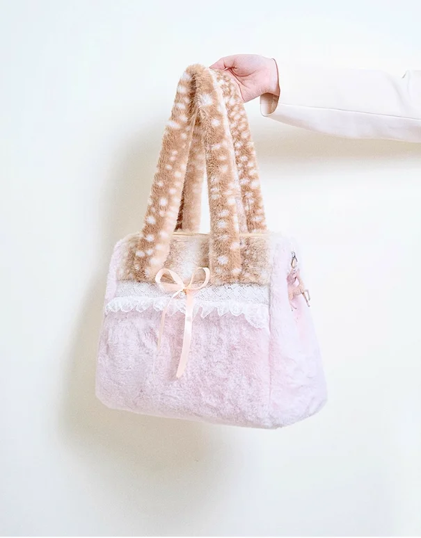Sweet Cute Plush Bow Tote Bag Women Ballet Style Lace Color Block Large Capacity Shoulder Bags Ladies Harajuku Versatile Handbag
