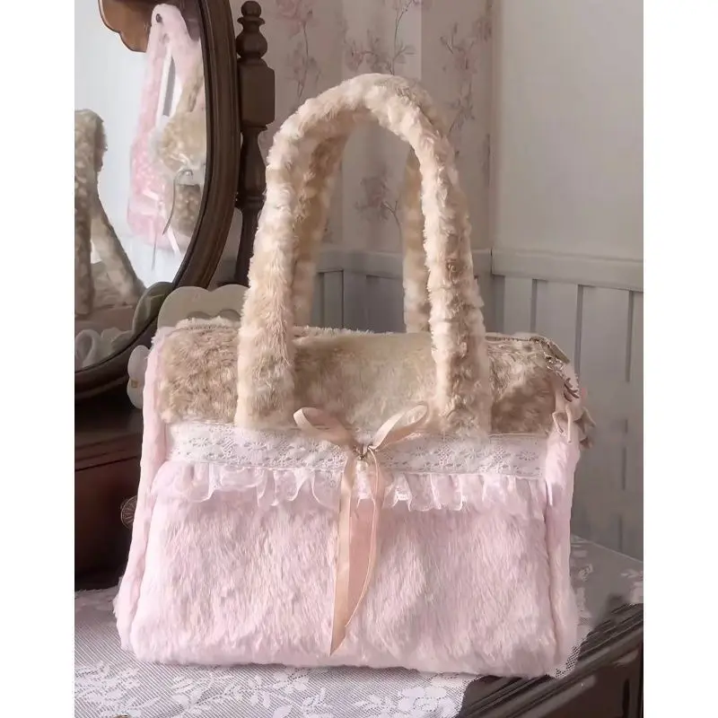 Sweet Cute Plush Bow Tote Bag Women Ballet Style Lace Color Block Large Capacity Shoulder Bags Ladies Harajuku Versatile Handbag
