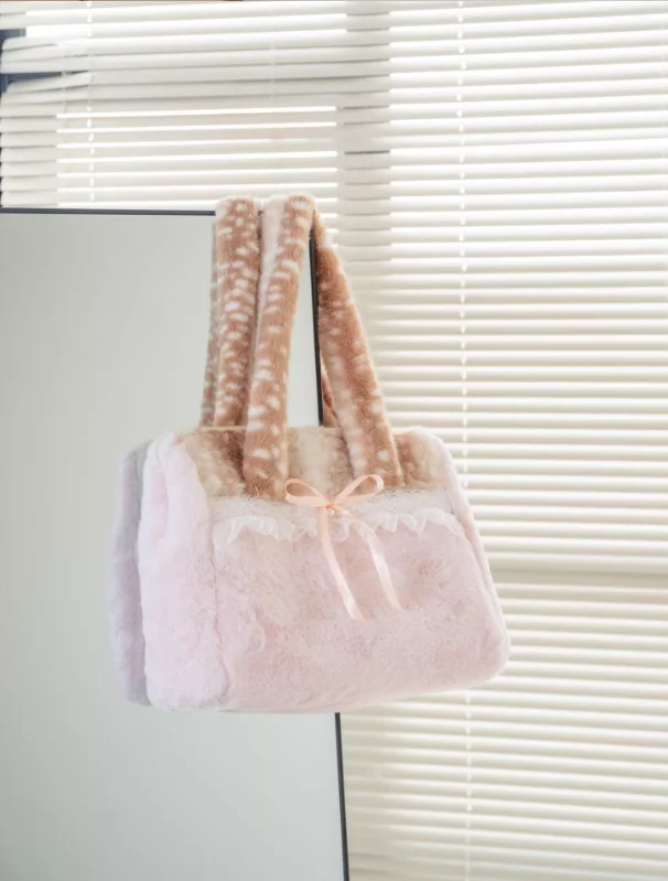 Sweet Cute Plush Bow Tote Bag Women Ballet Style Lace Color Block Large Capacity Shoulder Bags Ladies Harajuku Versatile Handbag