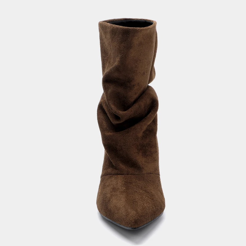 Liyke Winter Pleated Suede Women Shoes Pointed Toe Low Thin Heels Female Brown Retro Elegant Designer Ankle Boots Bottes Femme