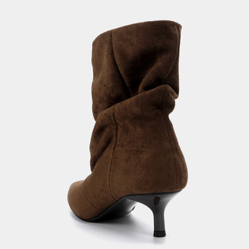Liyke Winter Pleated Suede Women Shoes Pointed Toe Low Thin Heels Female Brown Retro Elegant Designer Ankle Boots Bottes Femme