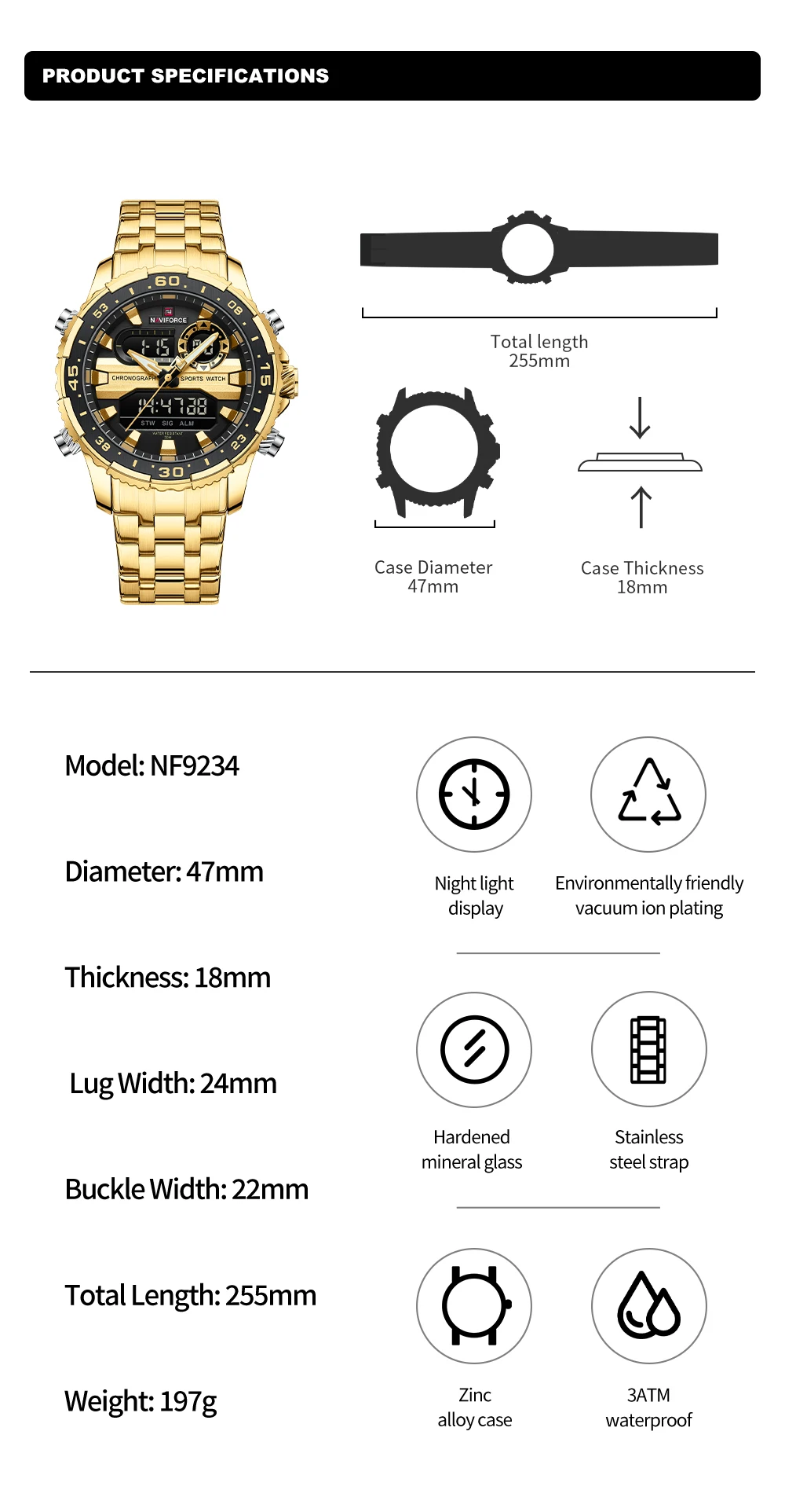 NAVIFORCE Fashion Brand Black Gold Men Watch Fashion Luxury Quartz Wrist Watches Sport Waterproof Stainless Steel Strap NF9234