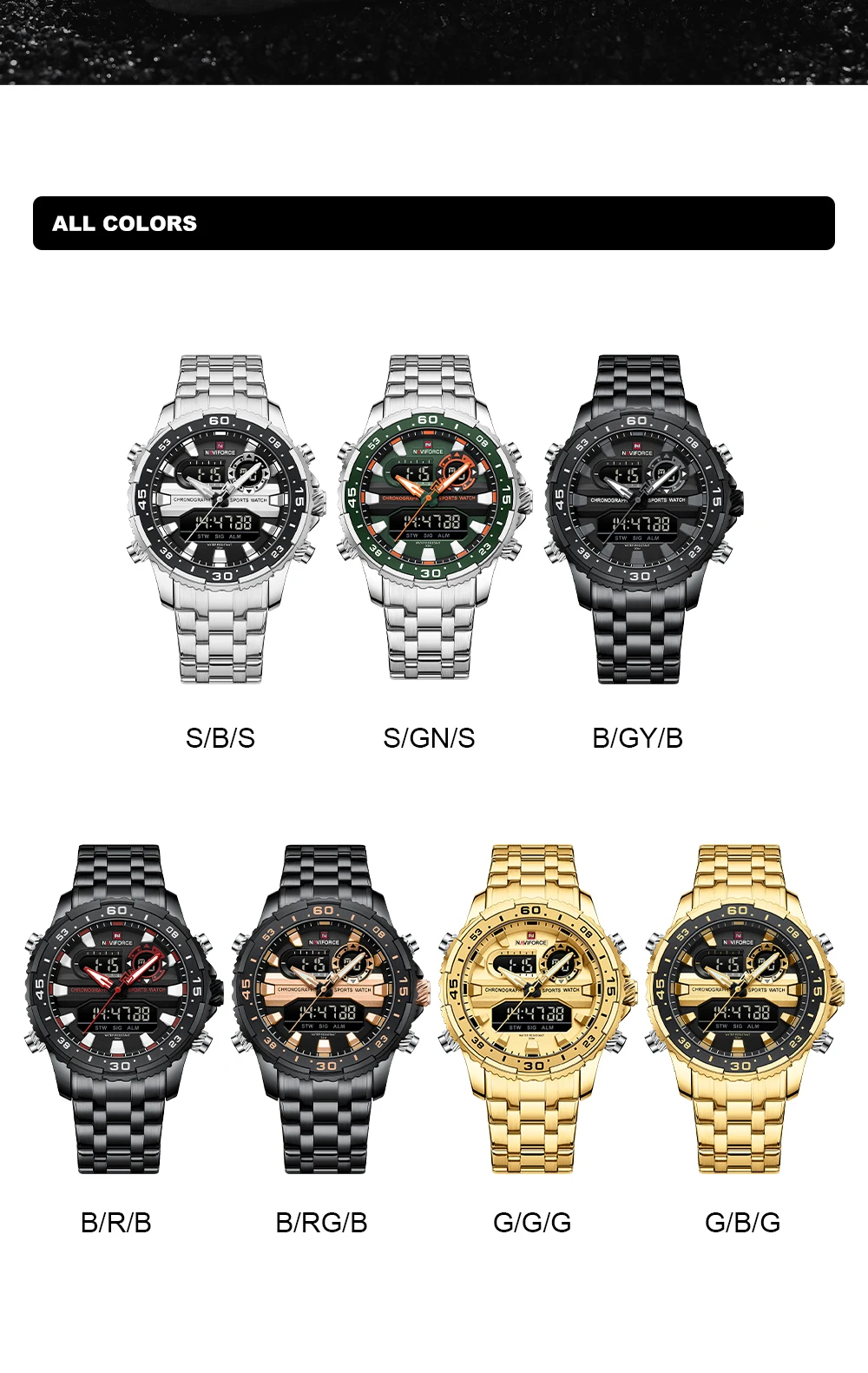 NAVIFORCE Fashion Brand Black Gold Men Watch Fashion Luxury Quartz Wrist Watches Sport Waterproof Stainless Steel Strap NF9234